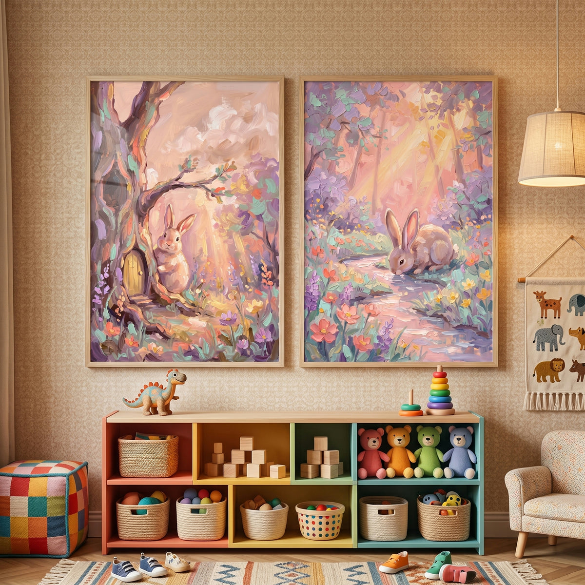 Sunlit Pastel Enchanted Bunny Wall Art Set of 2 - Whimsical Forest Rabbits