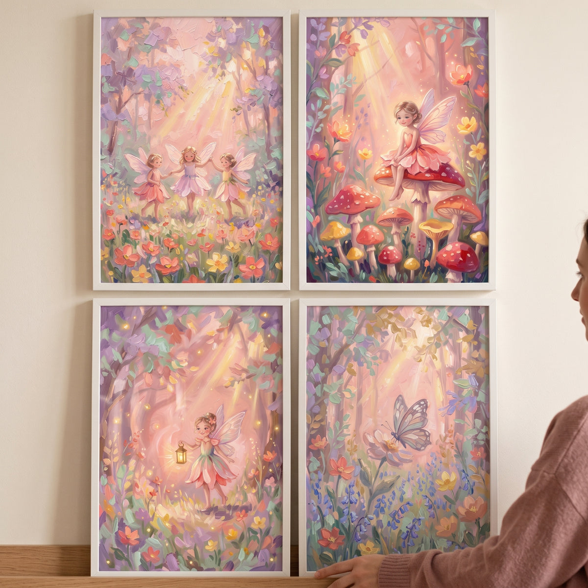 Sunlit pastel enchanted forest wall art set of 4 featuring fairies and a butterfly in a glowing floral woodland.