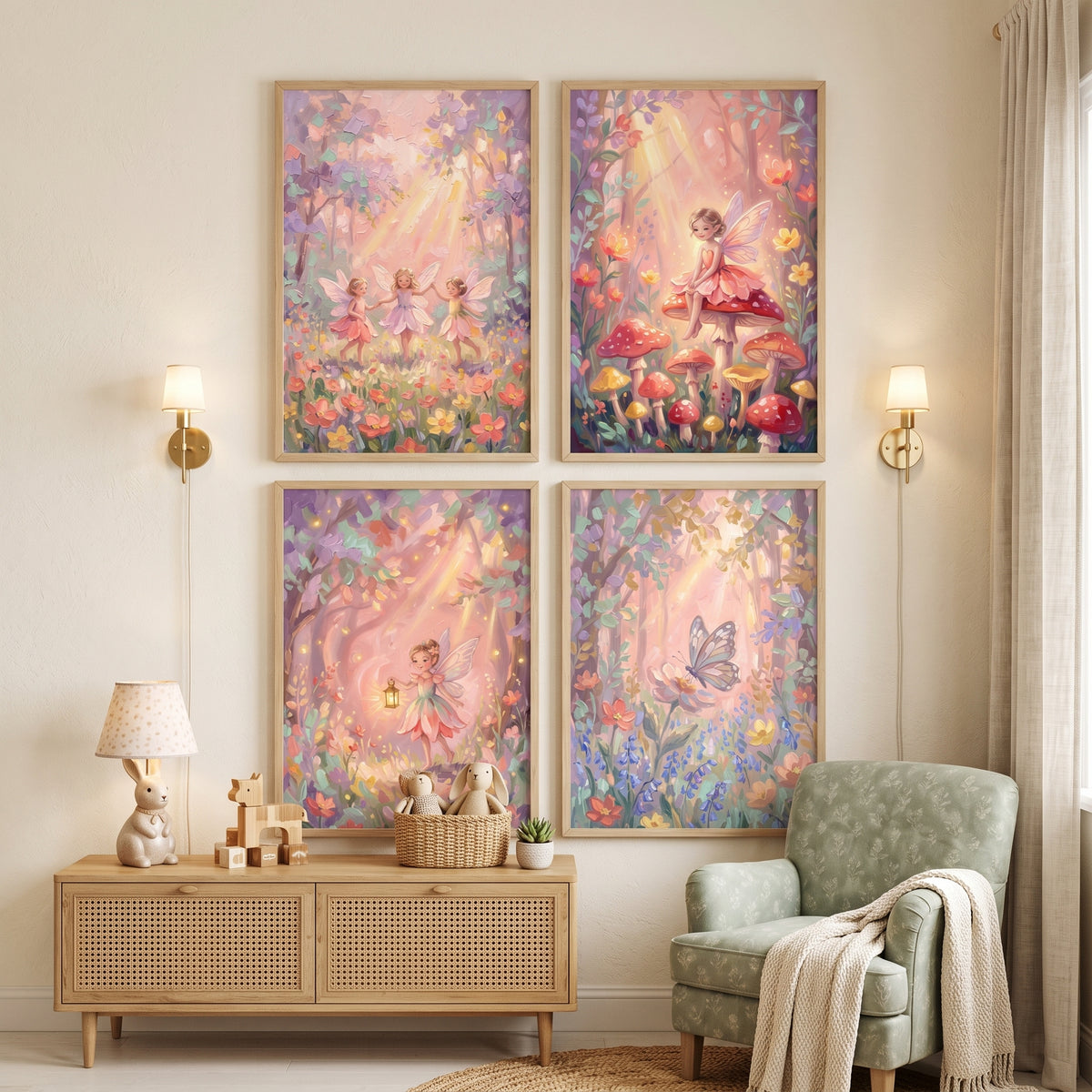 Sunlit Pastel Enchanted Forest Wall Art Set of 4 - Fairy Garden Dreams