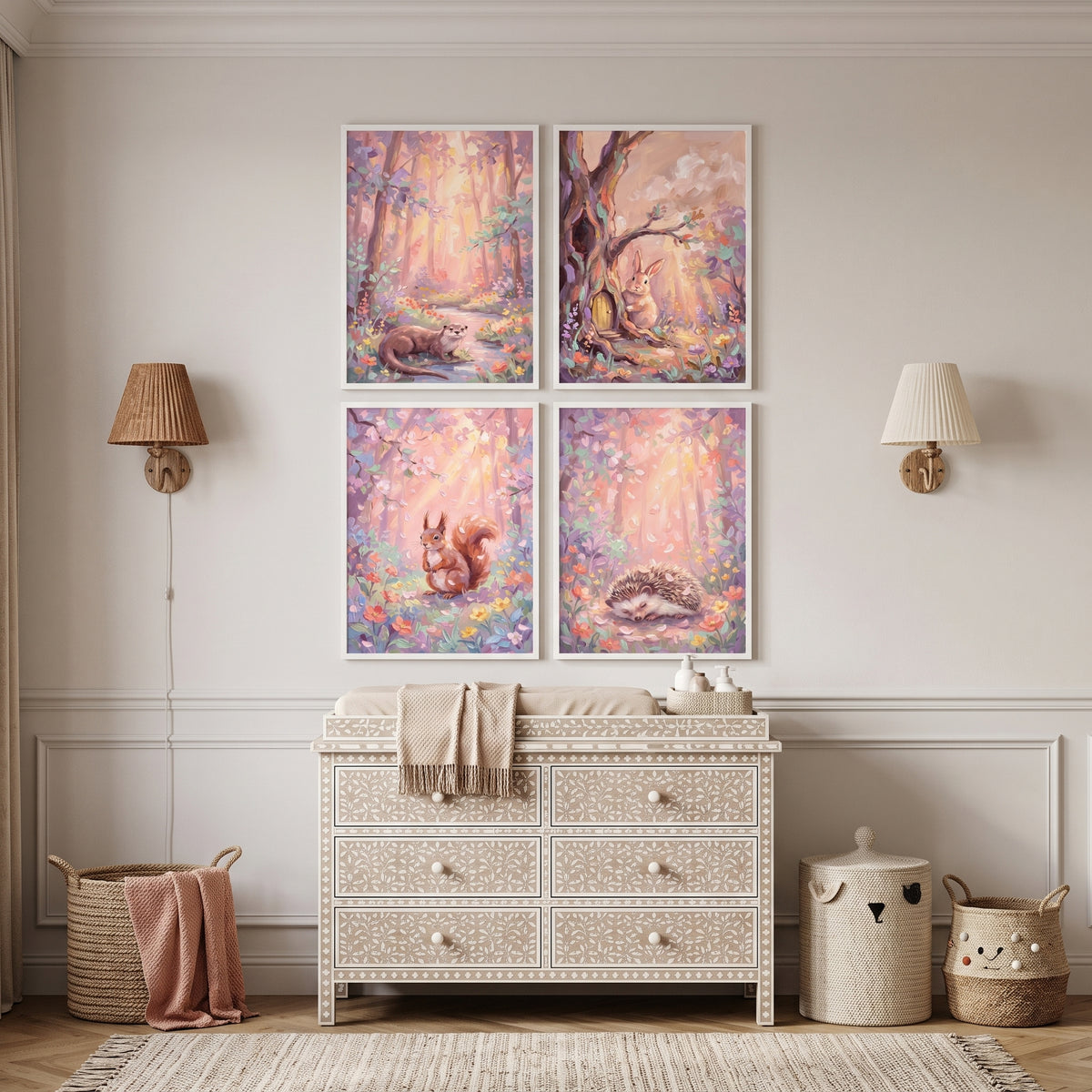 Sunlit Pastel Forest Animal Wall Art Set of 4 - Dreamy Meadow Tales