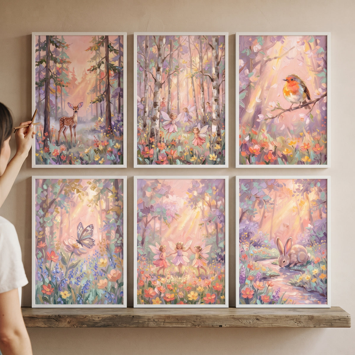 Sunlit Pastel Forest Wall Art Set of 6 - Enchanted Meadow Tales
