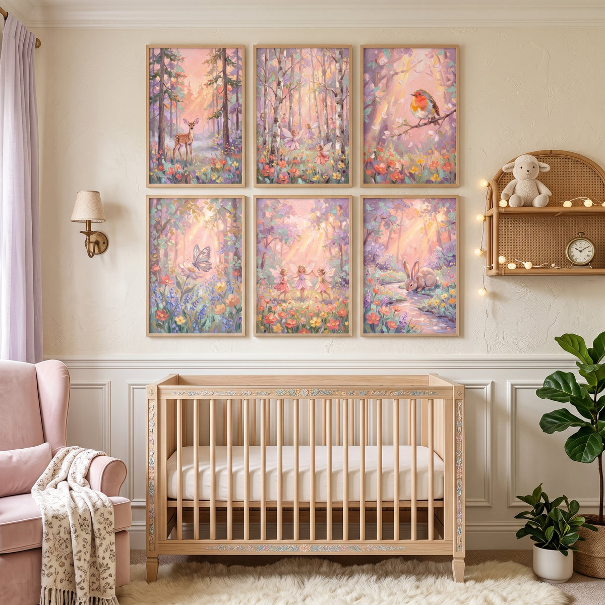 Sunlit Pastel Forest Wall Art Set of 6 - Enchanted Meadow Tales