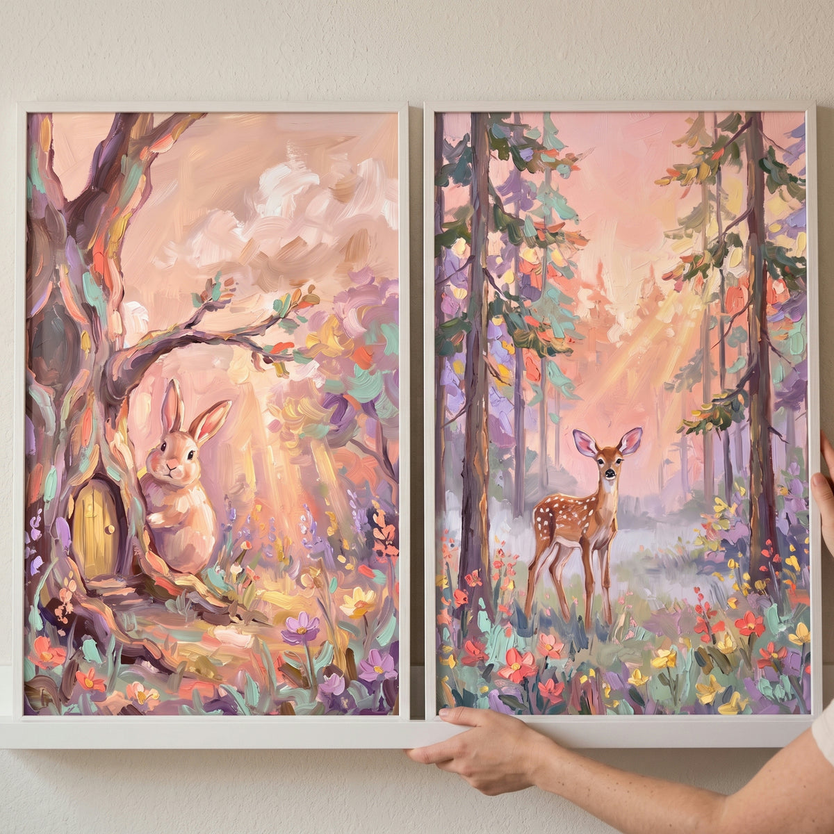 Hands hold a sunlit pastel woodland animals wall art set of 2 showing a rabbit by a tree and a deer in a forest.