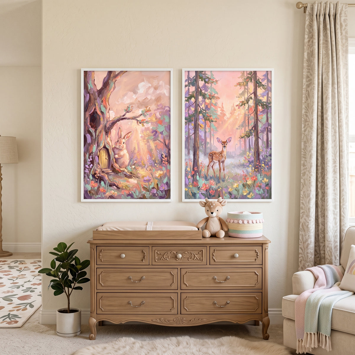 Sunlit Pastel Woodland Animals Wall Art Set of 2 - Soft Meadow Light