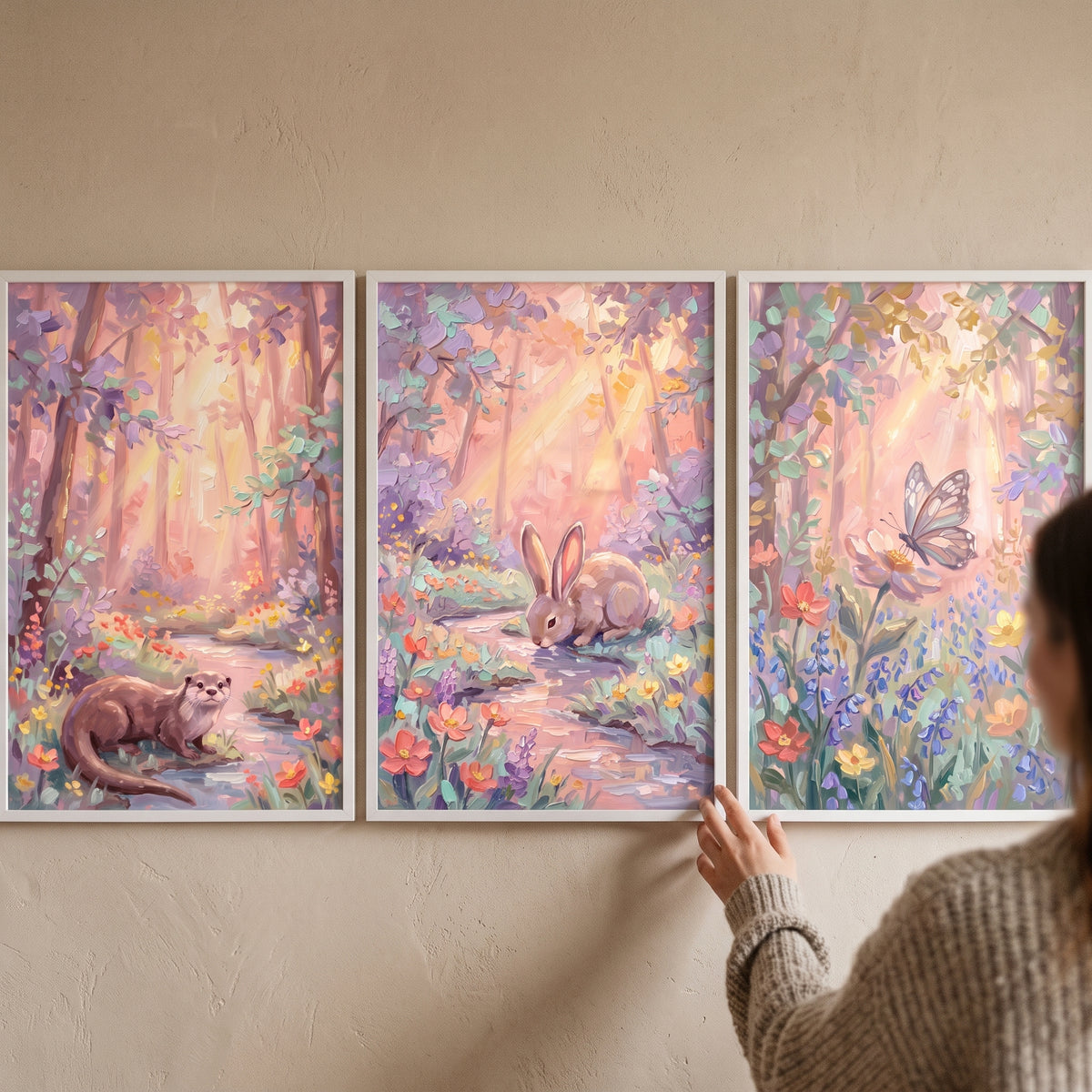 A woman adjusts a sunlit pastel woodland wall art set of 3 featuring an otter, rabbit, and butterfly on a neutral wall.