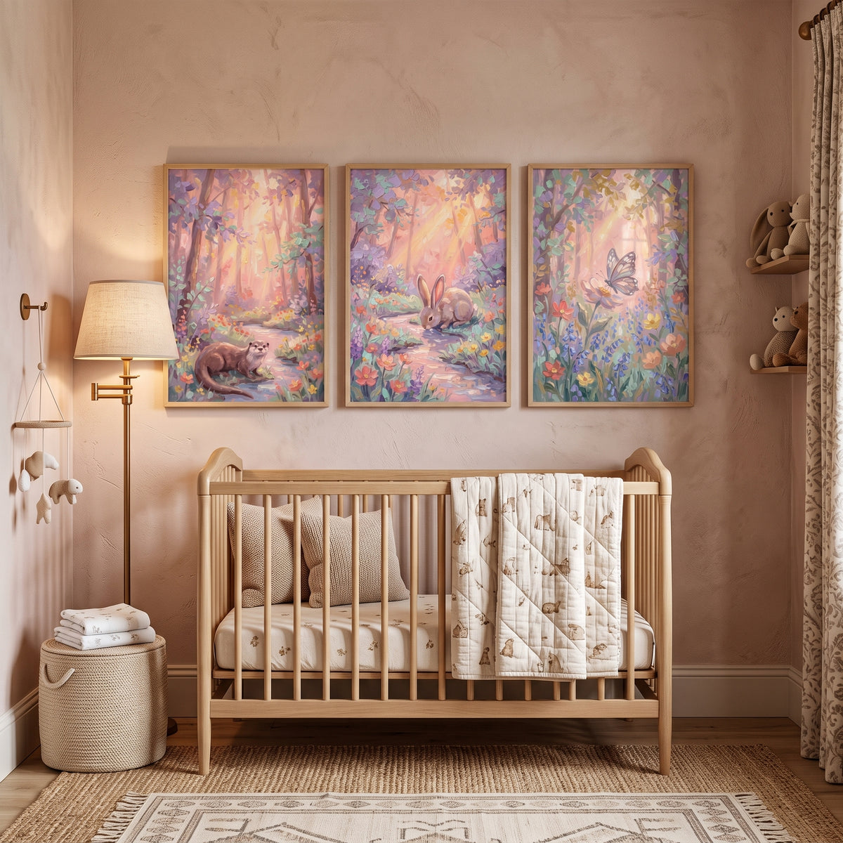 Sunlit Pastel Woodland Wall Art Set of 3 - Whimsical Woodland Glade