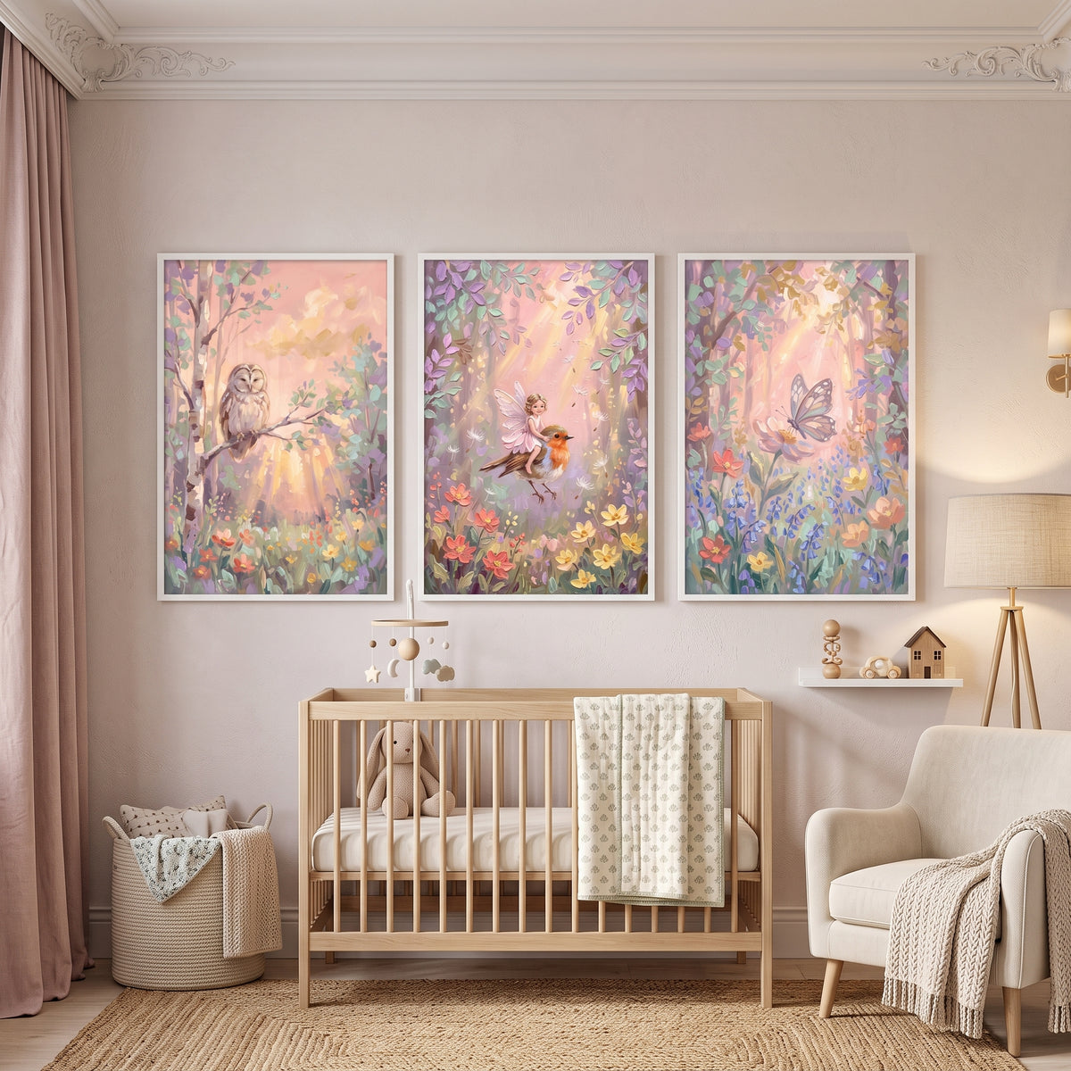 Sunlit Pink Enchanted Forest Wall Art Set of 3 - Whimsical Woodland Wonders