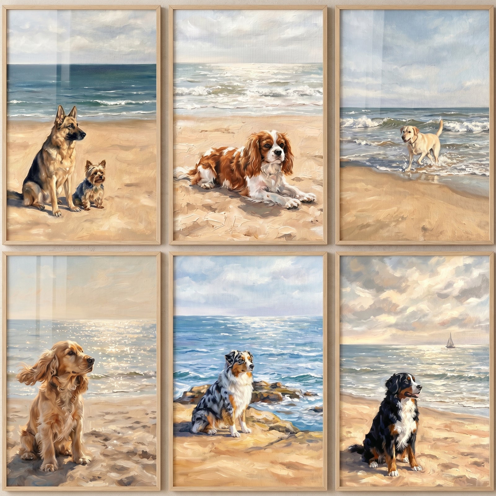 Sunlit sandy beach dogs wall art set of 6 depicts various breeds resting on the shore with waves in the background.
