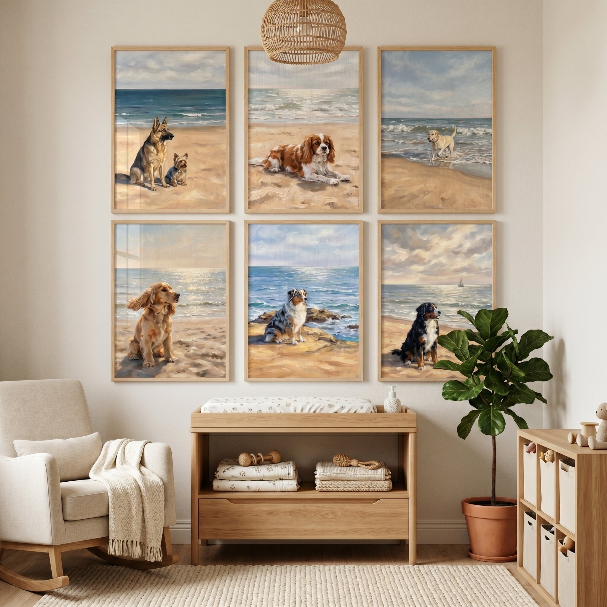 Sunlit Sandy Beach Dogs Wall Art Set of 6 - Coastal Canine Series