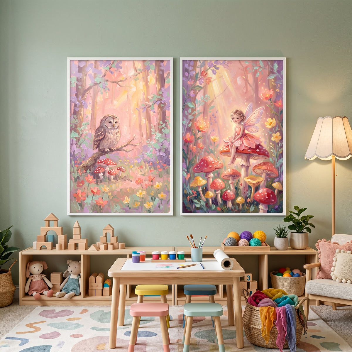 Sunlit Toadstool Woodland Wall Art Set of 2 - Enchanted Woodland Glade