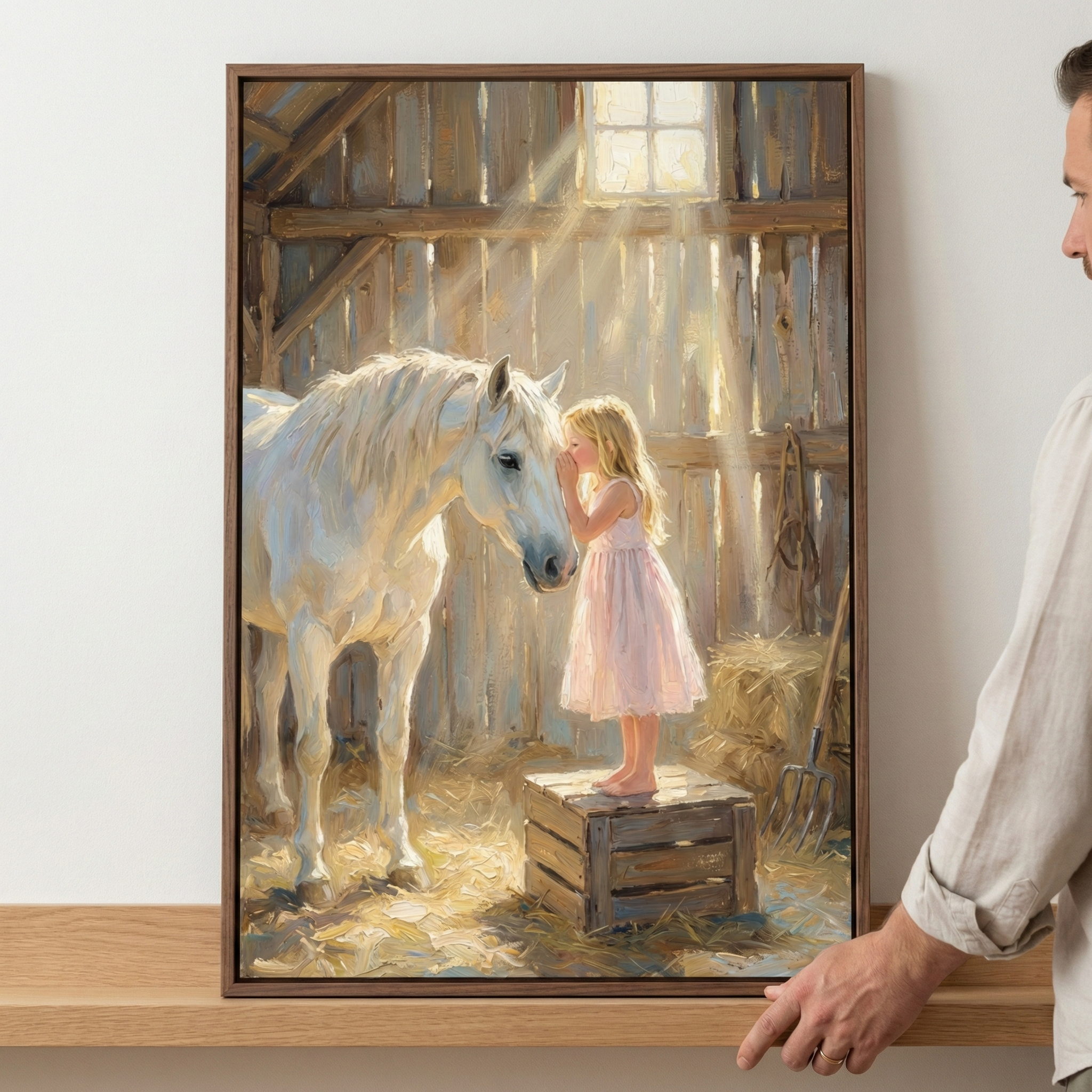 Girl And White Horse Art - Sunlit Stable Secret