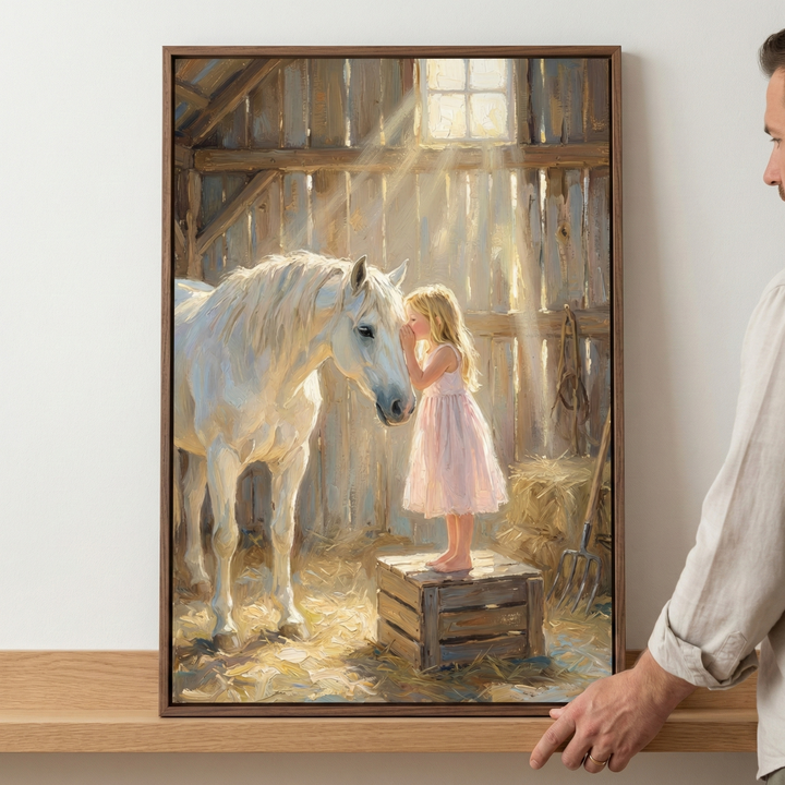 Impressionistic artwork in a wooden frame features a young girl in a pink dress on a wooden crate inside a sunlit barn. She is softly touching her face to the nose of a white horse. Beams of light stream through a window, illuminating the scene. The barn floor is covered in hay, with a pitchfork in the background. A man’s hand and shoulder are visible on the right as he adjusts the frame on a shelf. The style uses thick strokes to create a warm, nostalgic feel.