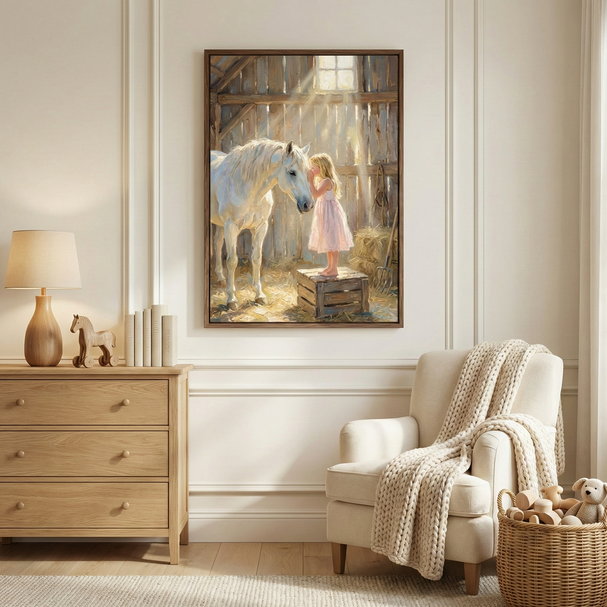 A cozy, neutrally decorated room features a large framed illustration on a paneled wall. The artwork depicts a young girl in a pink dress on a wooden box in a barn, touching a white horse's nose as sunlight streams in. To the left, a light wood dresser holds a lamp and horse figurine. To the right, a cream armchair is draped with a knit throw. A wicker basket with plush toys sits nearby. The room has a warm, serene atmosphere with cream and light wood tones.