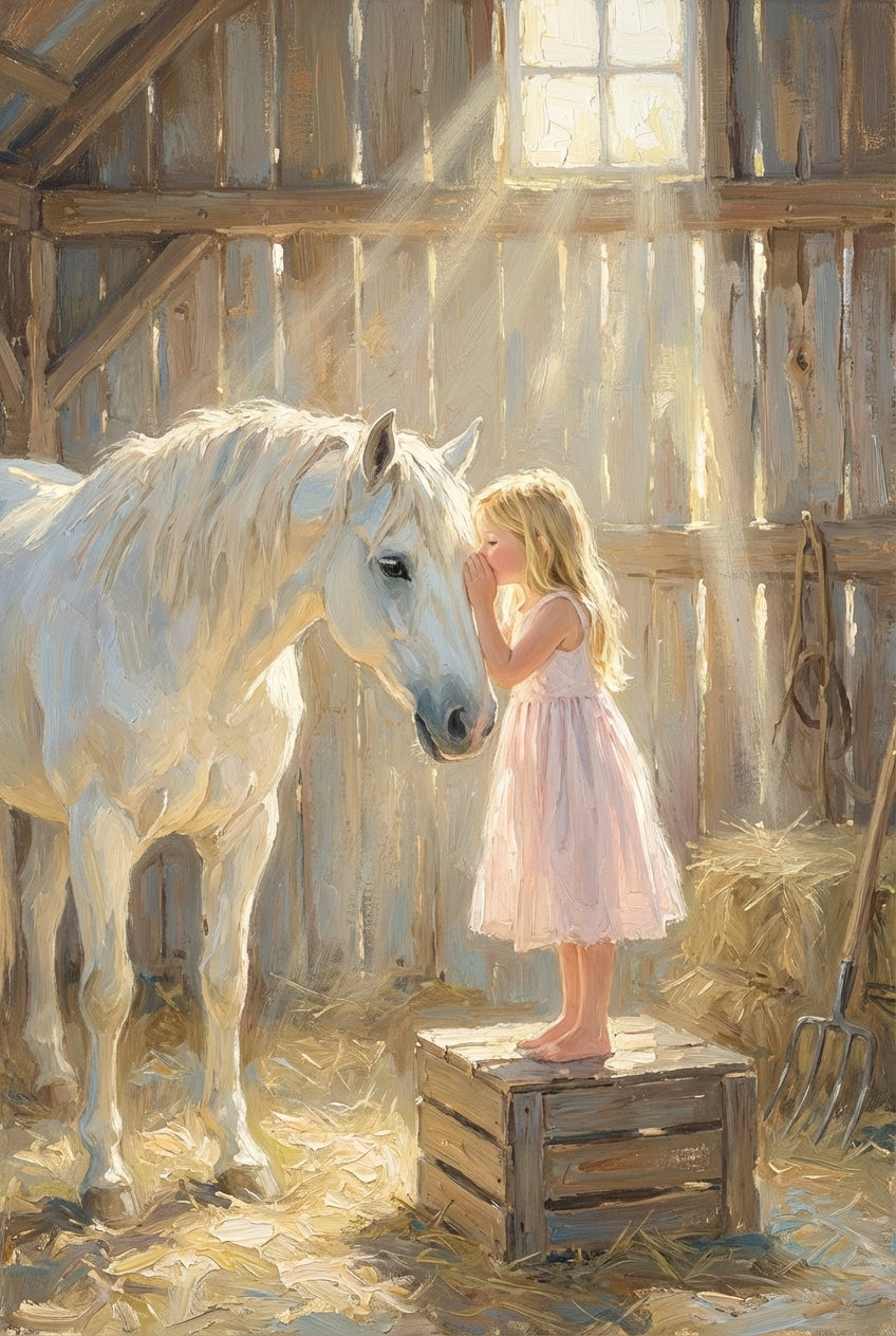 A serene depiction of a young girl in a light pink dress standing on a wooden crate inside a rustic barn. She leans in to touch her forehead against a large white horse, sharing a quiet, tender moment. Radiant beams of golden sunlight stream through a window, illuminating the duo and the dusty atmosphere. The barn interior features weathered wooden planks, scattered hay, and a pitchfork. The artwork uses visible, textured brushstrokes to create a warm and nostalgic atmosphere.