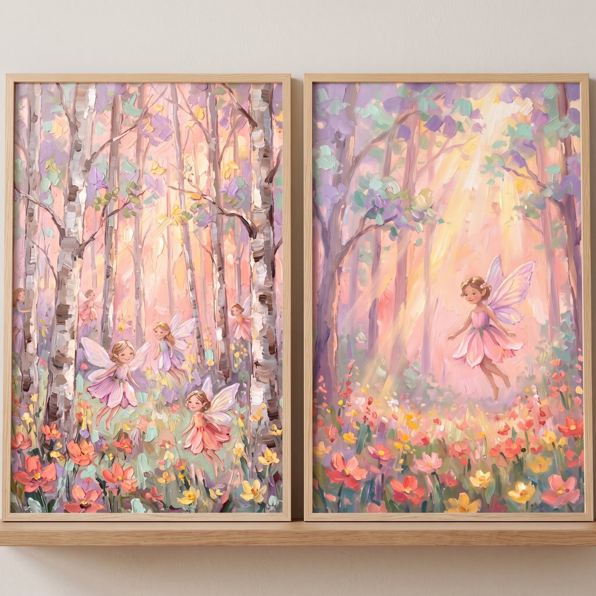 Sunlit Wildflower Meadow Fairy Wall Art Set of 2 - Whimsical Birch Meadow