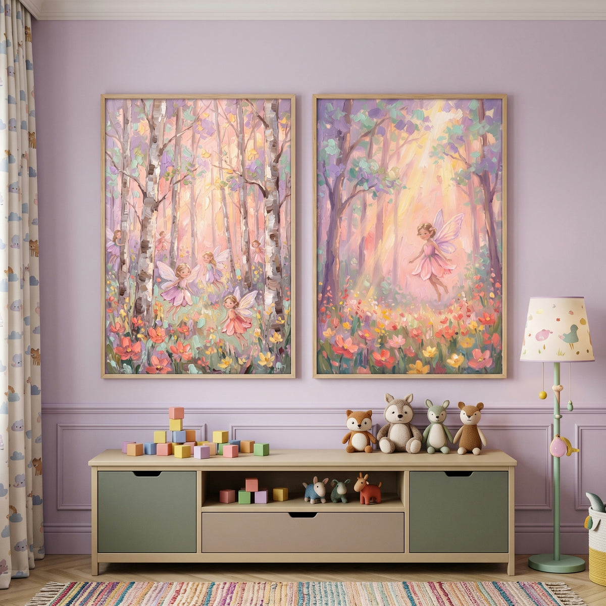 Sunlit Wildflower Meadow Fairy Wall Art Set of 2 - Whimsical Birch Meadow