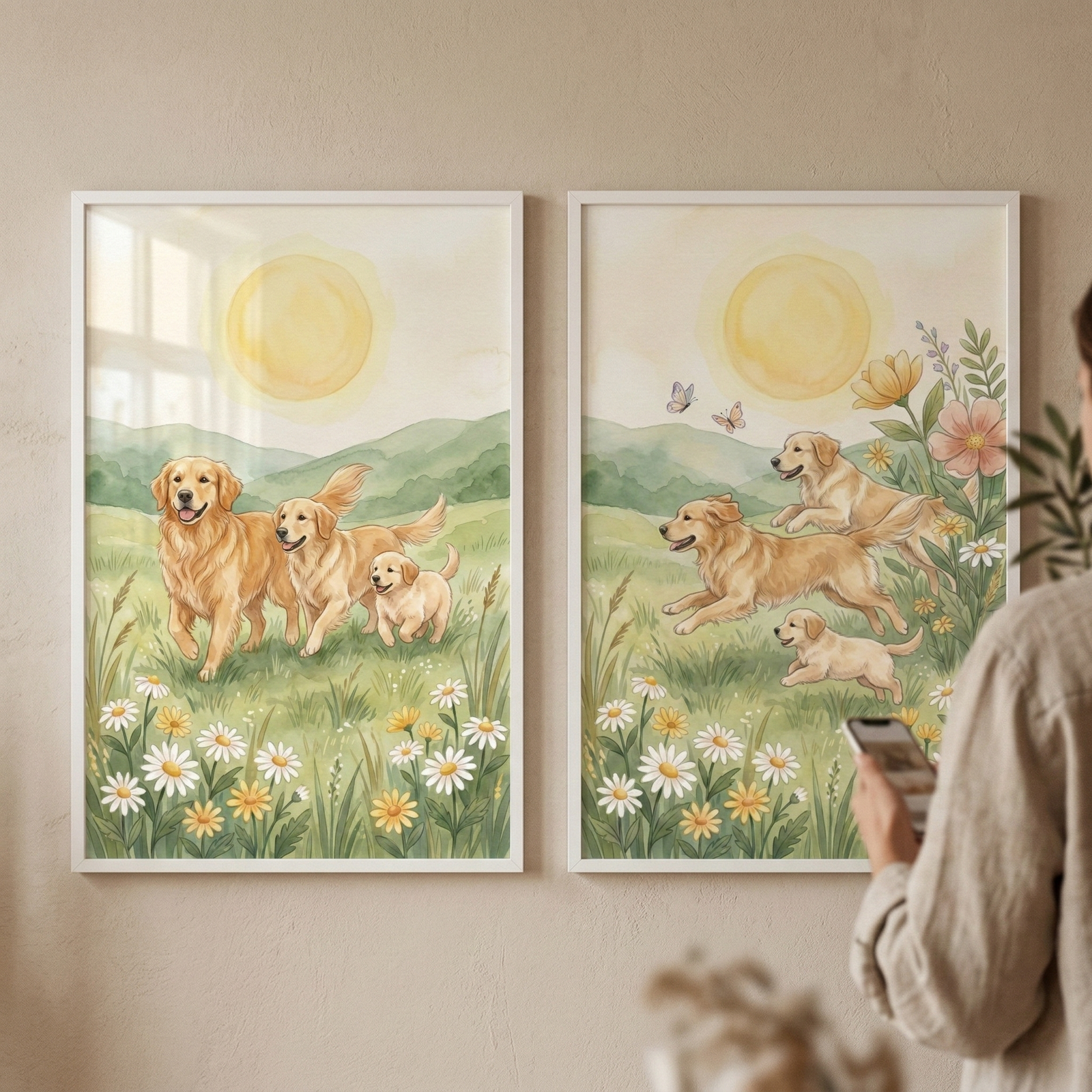 Two side-by-side framed illustrations hang on a neutral-toned wall. The watercolor-style artwork features golden retriever dogs in a bright, sunny meadow. In the left frame, three dogs of different sizes stand among white and yellow daisies under a large, soft sun. The right frame shows the same dogs running through a similar grassy field with butterflies. To the right, a person in a light-colored linen shirt is partially visible, holding a smartphone as if taking a photo of the art.