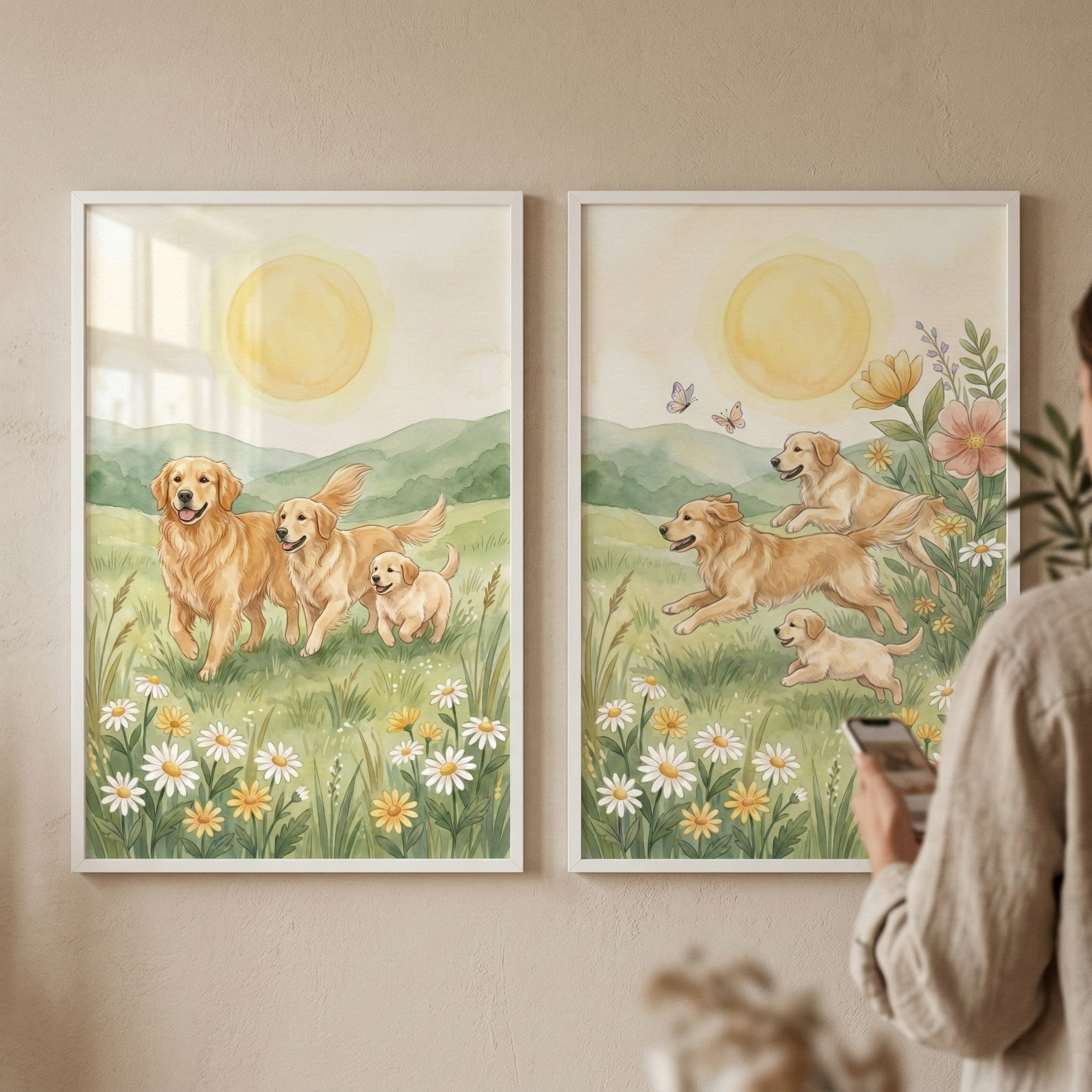 Sunny Meadow Dog Wall Art Set of 2 - Golden Meadow Days