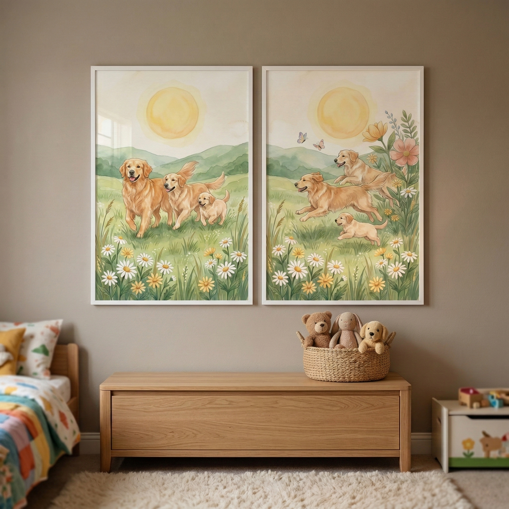 Sunny Meadow Dog Wall Art Set of 2 - Golden Meadow Days
