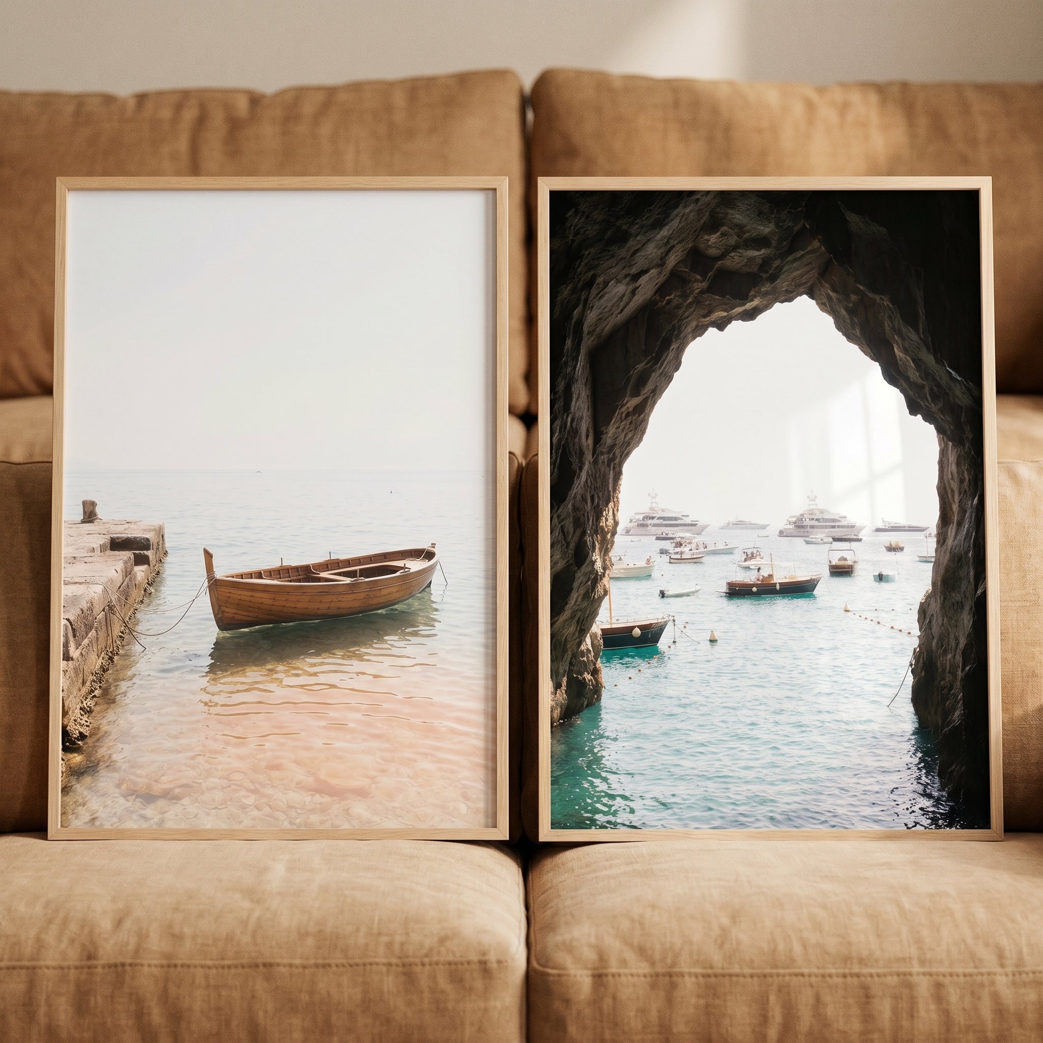 Sunny Mediterranean Coastal Boat Wall Art Set of 2 - Seaside Portals