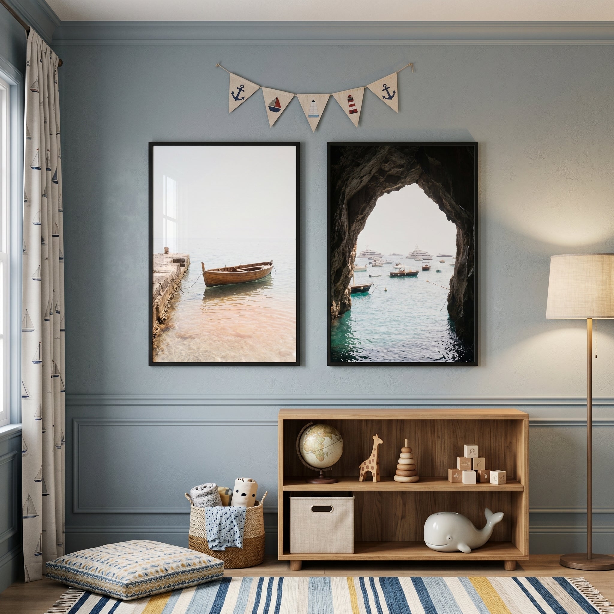 Sunny Mediterranean Coastal Boat Wall Art Set of 2 - Seaside Portals
