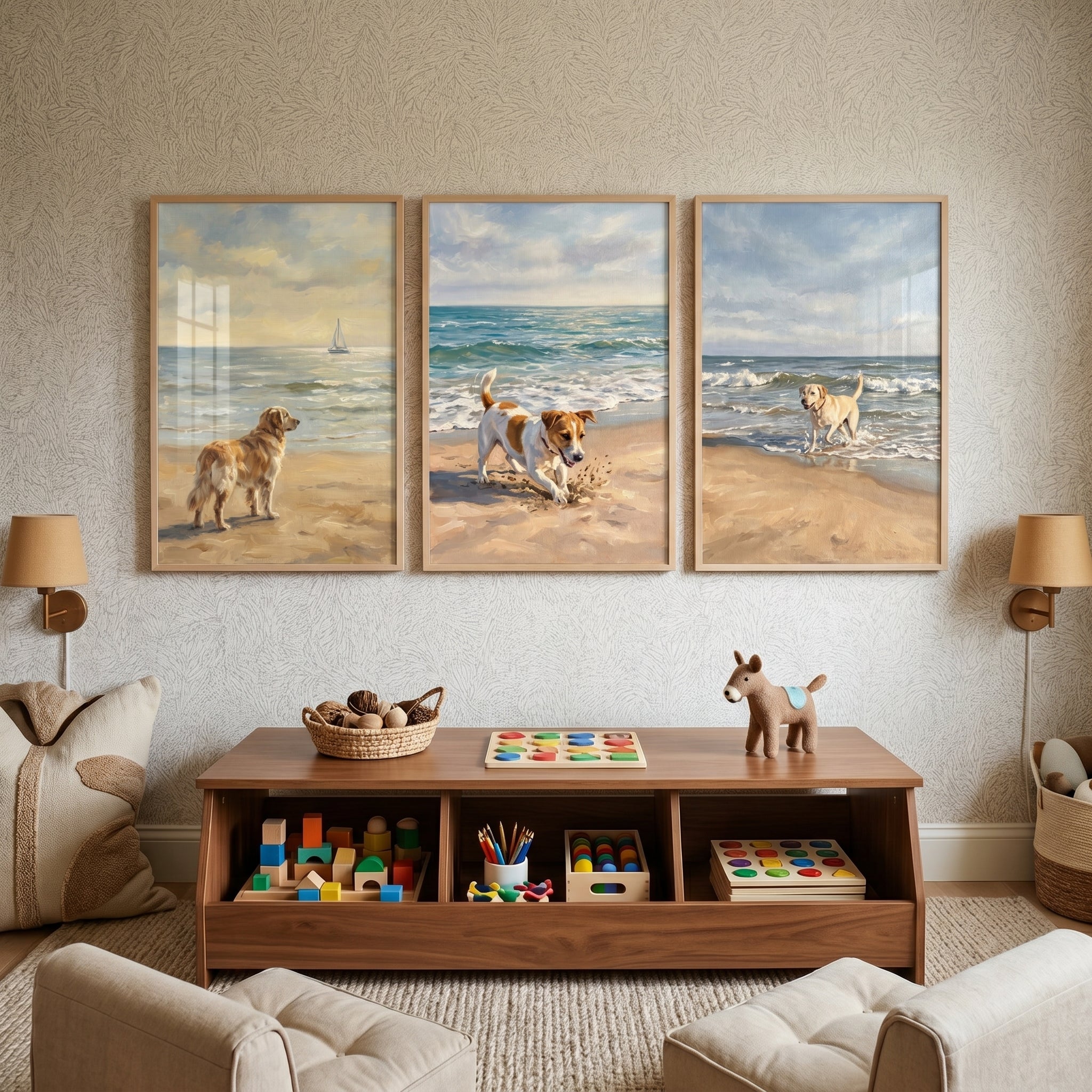 Sunny Ocean Shoreline Dogs Wall Art Set of 3 - Sandy Paws Adventure