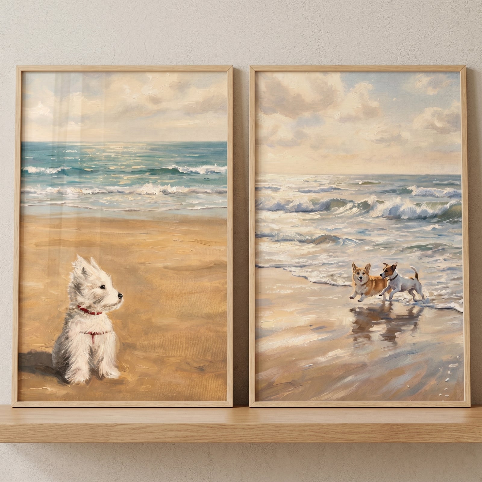 Small white dog on sand and two dogs playing in surf. Sunny oceanfront coastal dogs wall art set of 2.