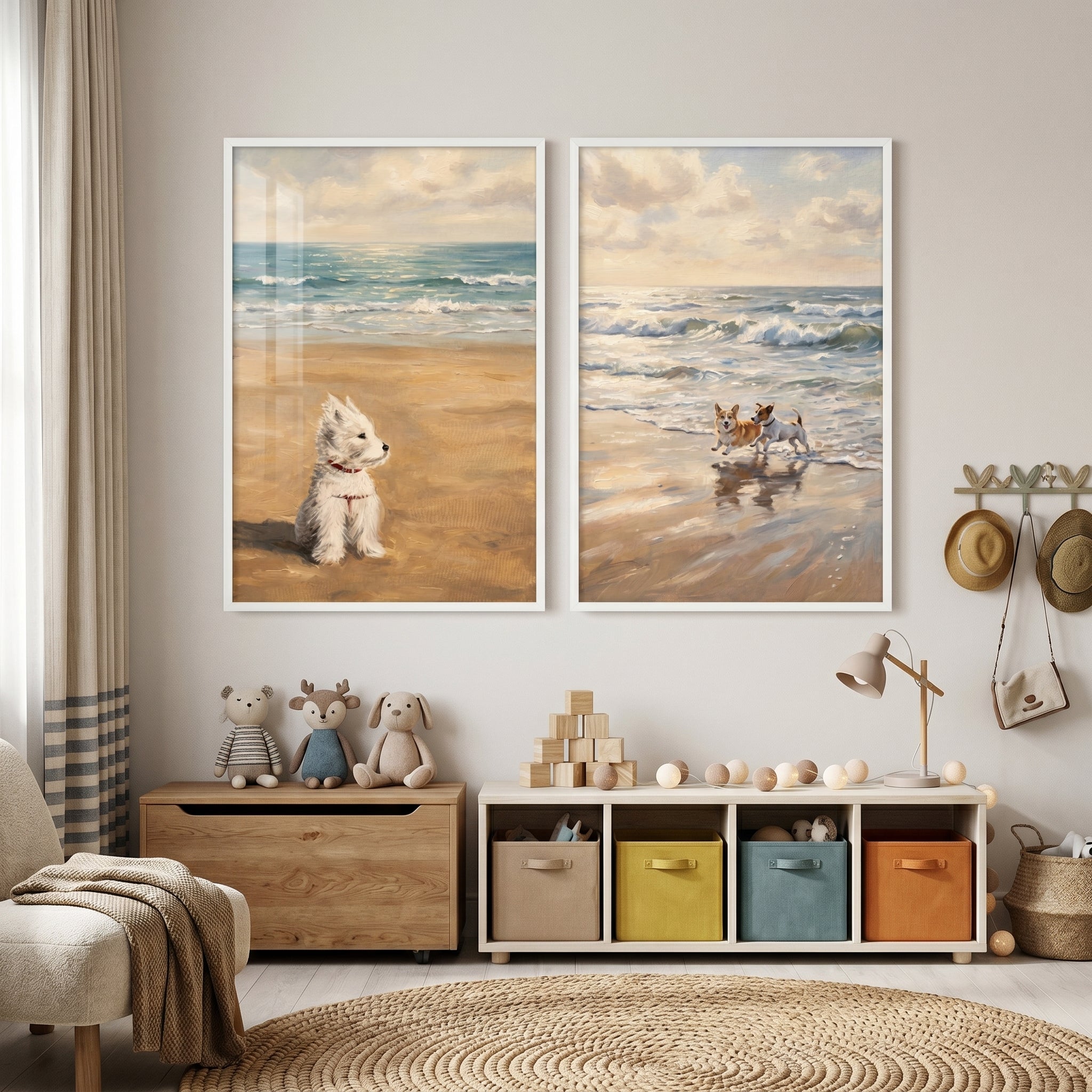 Sunny Oceanfront Coastal Dogs Wall Art Set of 2 - Beachside Puppy Joy