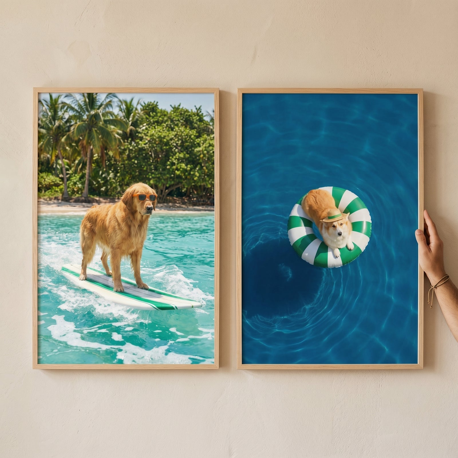 Sunny summer water dog wall art set of 2 shows a retriever surfing and a dog in a pool float being held on a wall.