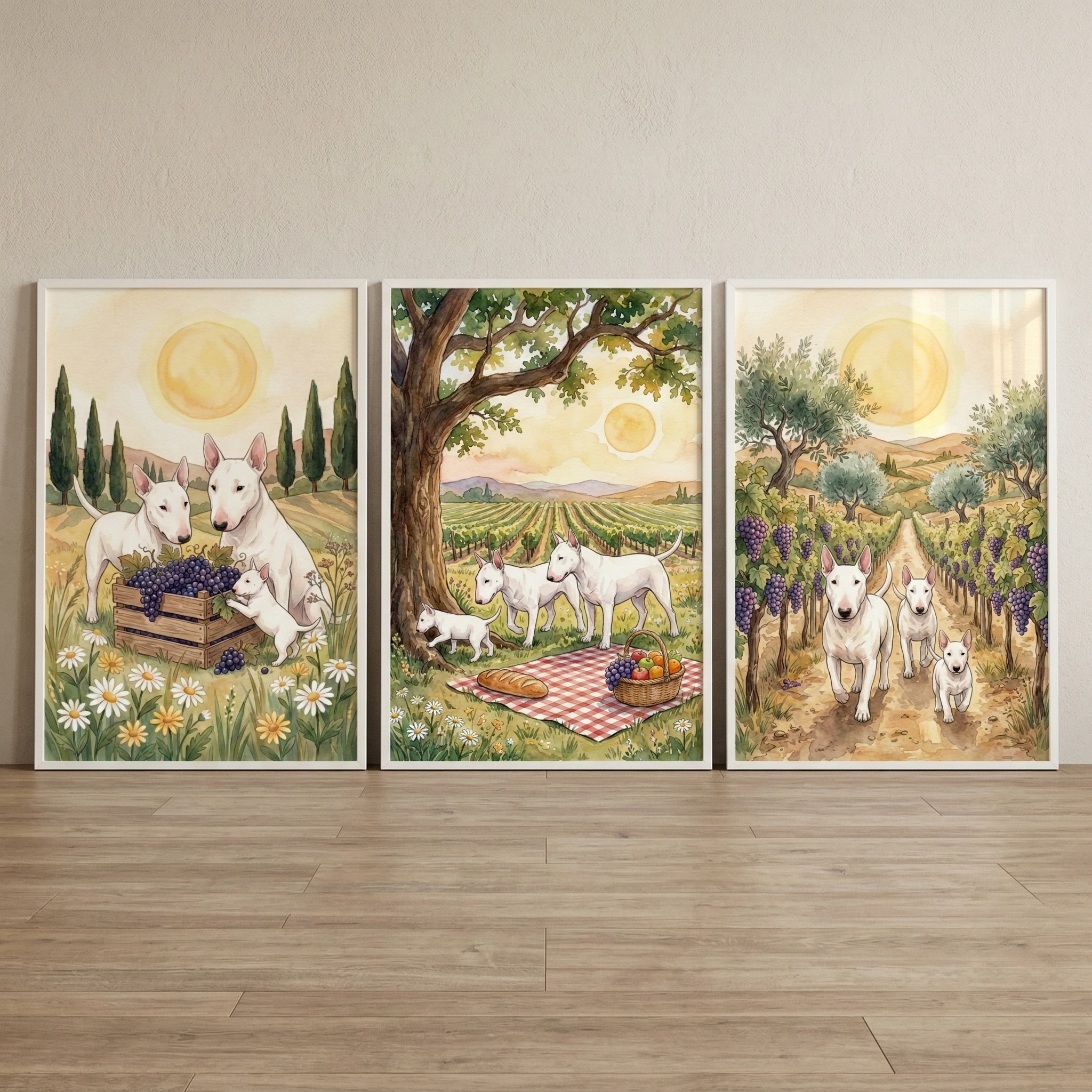 Sunny Vineyard Bull Terrier Wall Art Set of 3 - Vineyard Dog Days