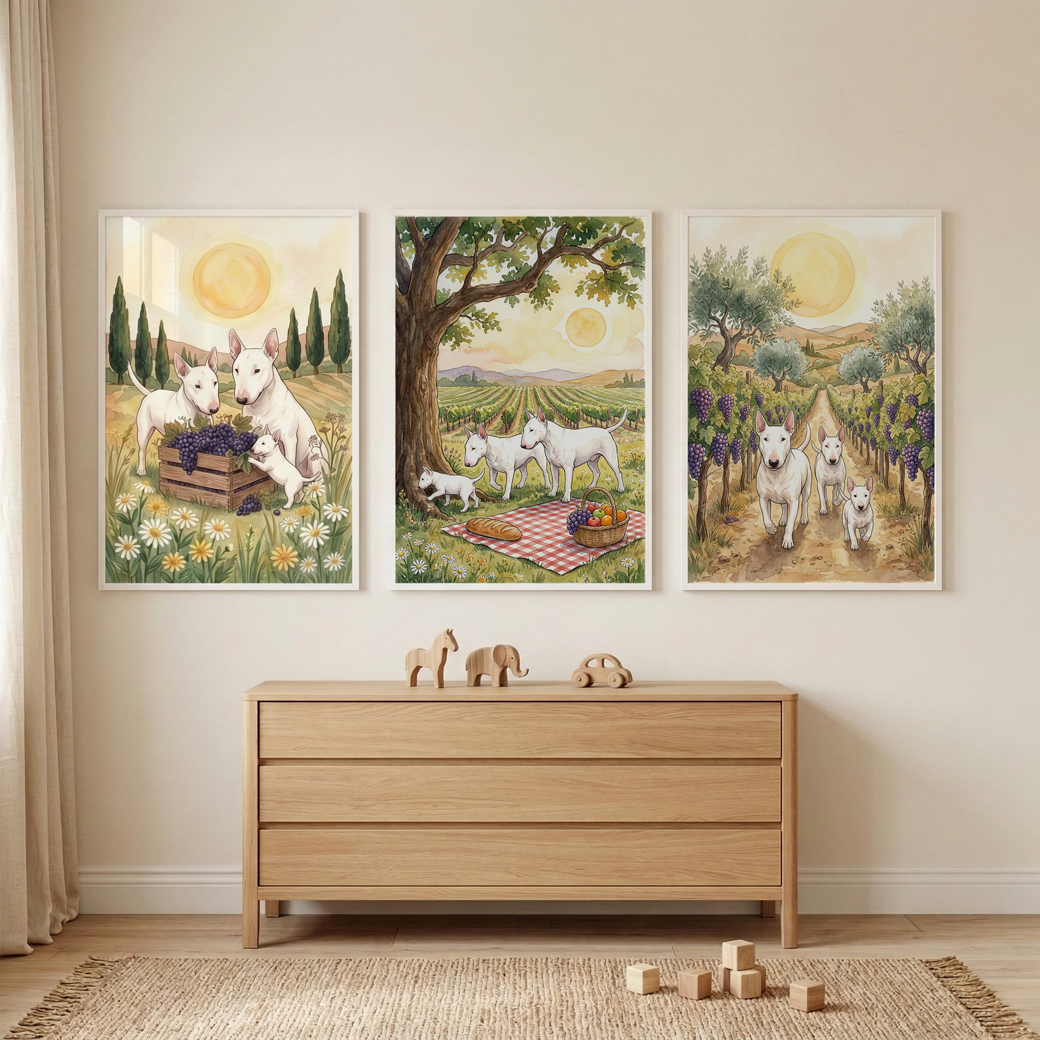 Sunny Vineyard Bull Terrier Wall Art Set of 3 - Vineyard Dog Days