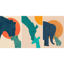 Three-panel collage of animal parent and baby interactions featuring a bear and cub, giraffes touching heads, and an elephant with a calf against warm orange circular backgrounds.
