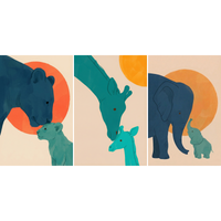 Three-panel collage of animal parent and baby interactions featuring a bear and cub, giraffes touching heads, and an elephant with a calf against warm orange circular backgrounds.
