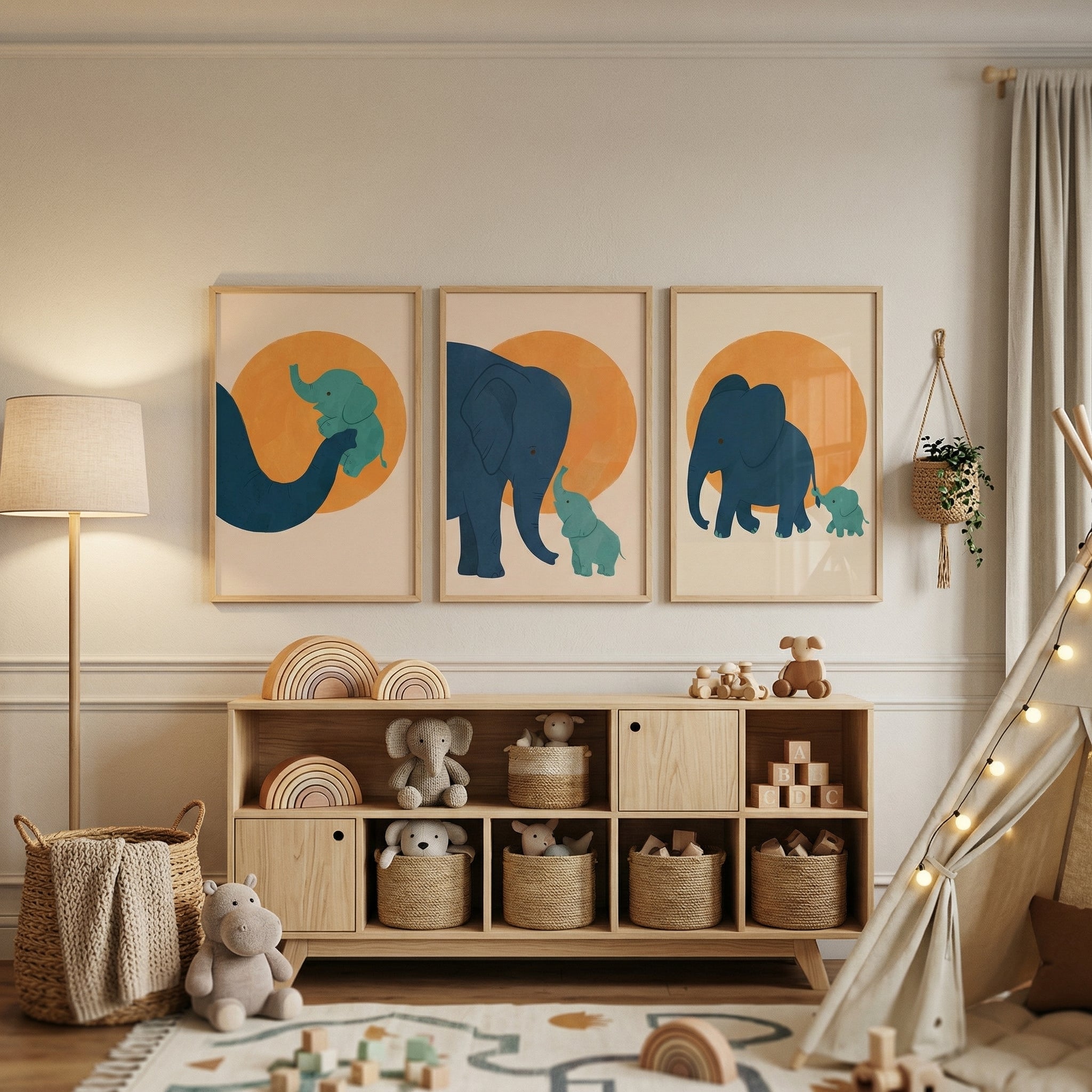 Sunset Circle Teal Elephant Wall Art Set of 3 - Sunset Trunk Tales