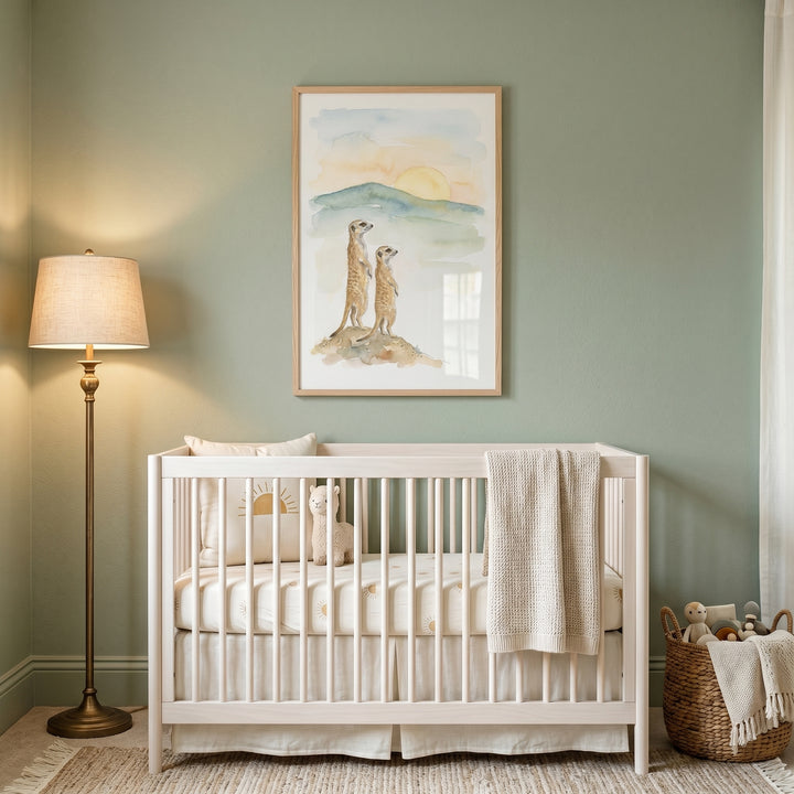 A sage green nursery features a white crib, floor lamp, and sunset meerkat wall art. A woven basket sits on a natural rug.