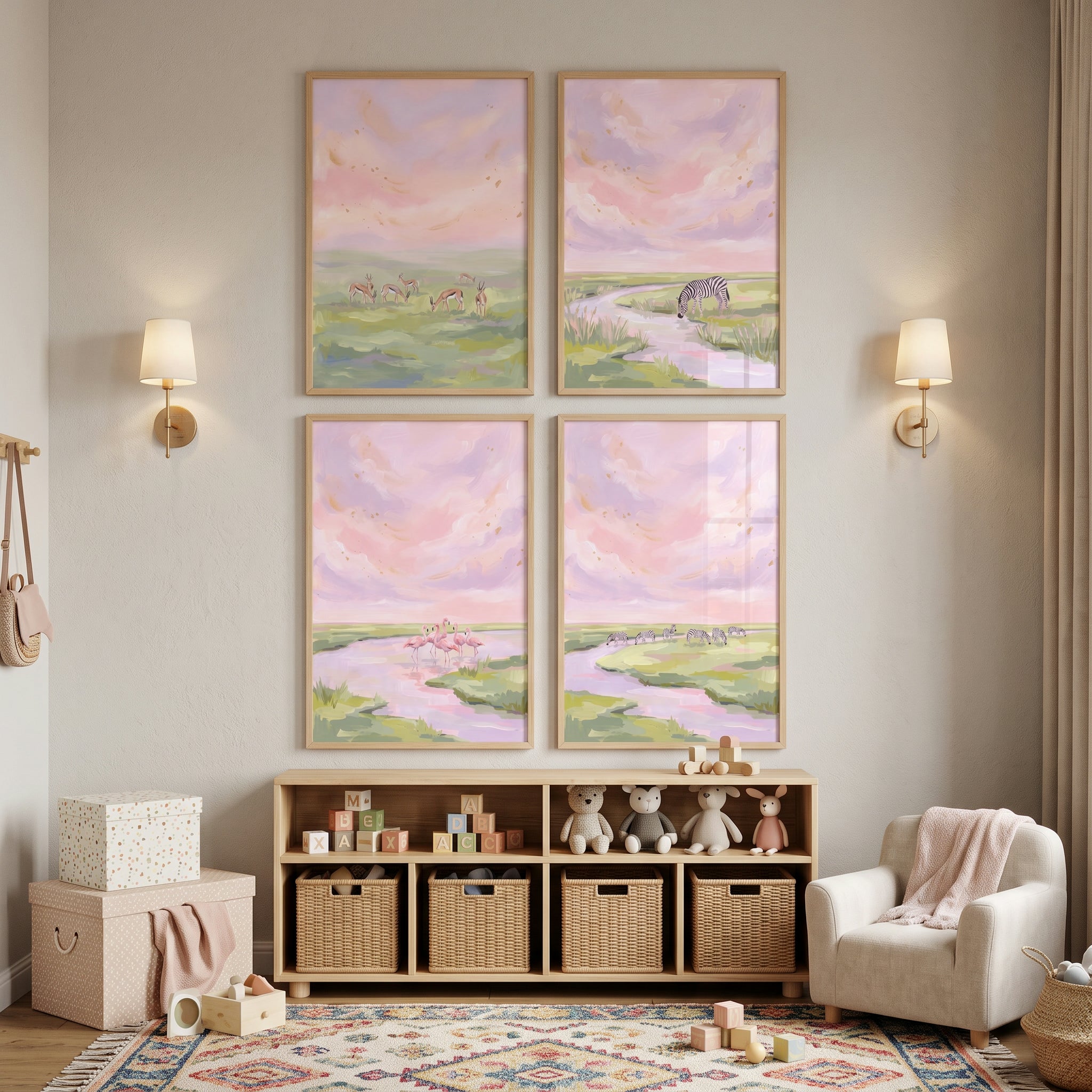 Sunset Pink Safari Animals Wall Art Set of 4 - Soft Safari Skies