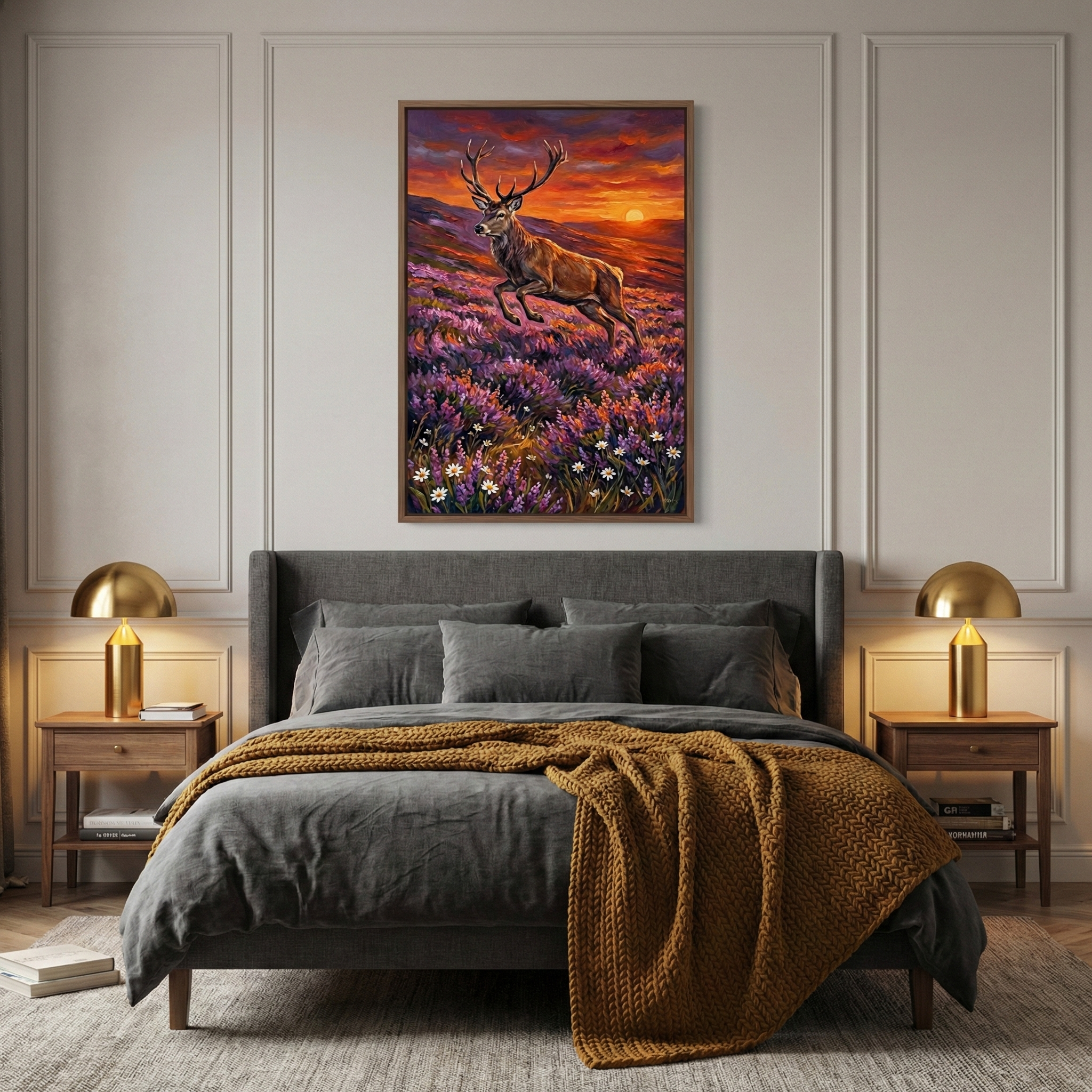 A stylish modern bedroom features a grey upholstered bed centered against a paneled wall. A textured, mustard-yellow knit blanket is draped over the dark grey bedding. Identical wooden nightstands on each side of the bed hold golden dome-shaped lamps that cast a warm glow. Above the bed hangs a large vertical artwork depicting a stag leaping through a vibrant field of purple and white flowers under a dramatic orange and red sunset sky. The room is finished with a light-colored rug.
