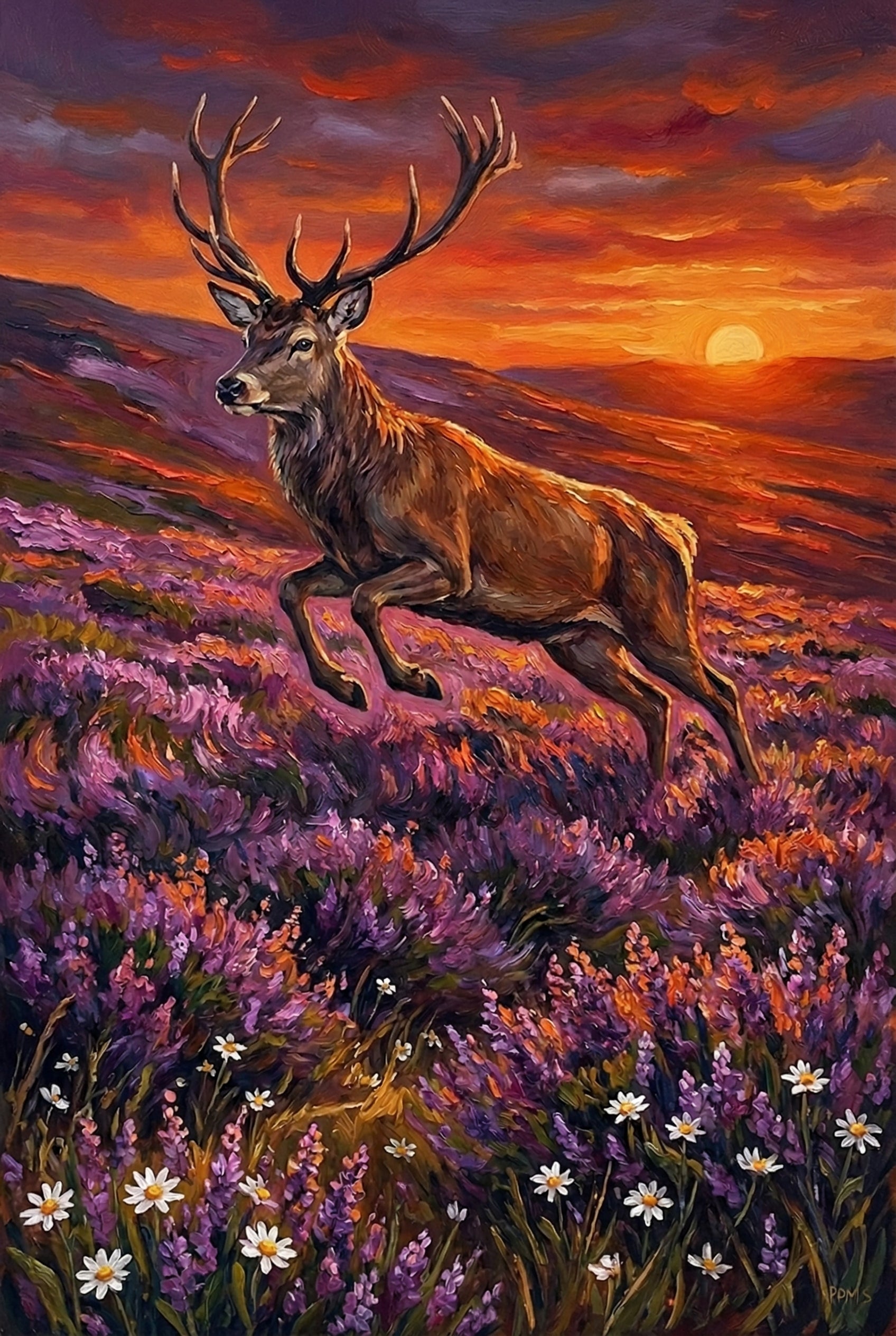 Oil painting of a stag mid leap across rolling hills covered in purple heather and scattered white daisies. A deep orange sun sets behind distant mountains, casting warm light across the scene. The dynamic pose conveys strength and motion.
