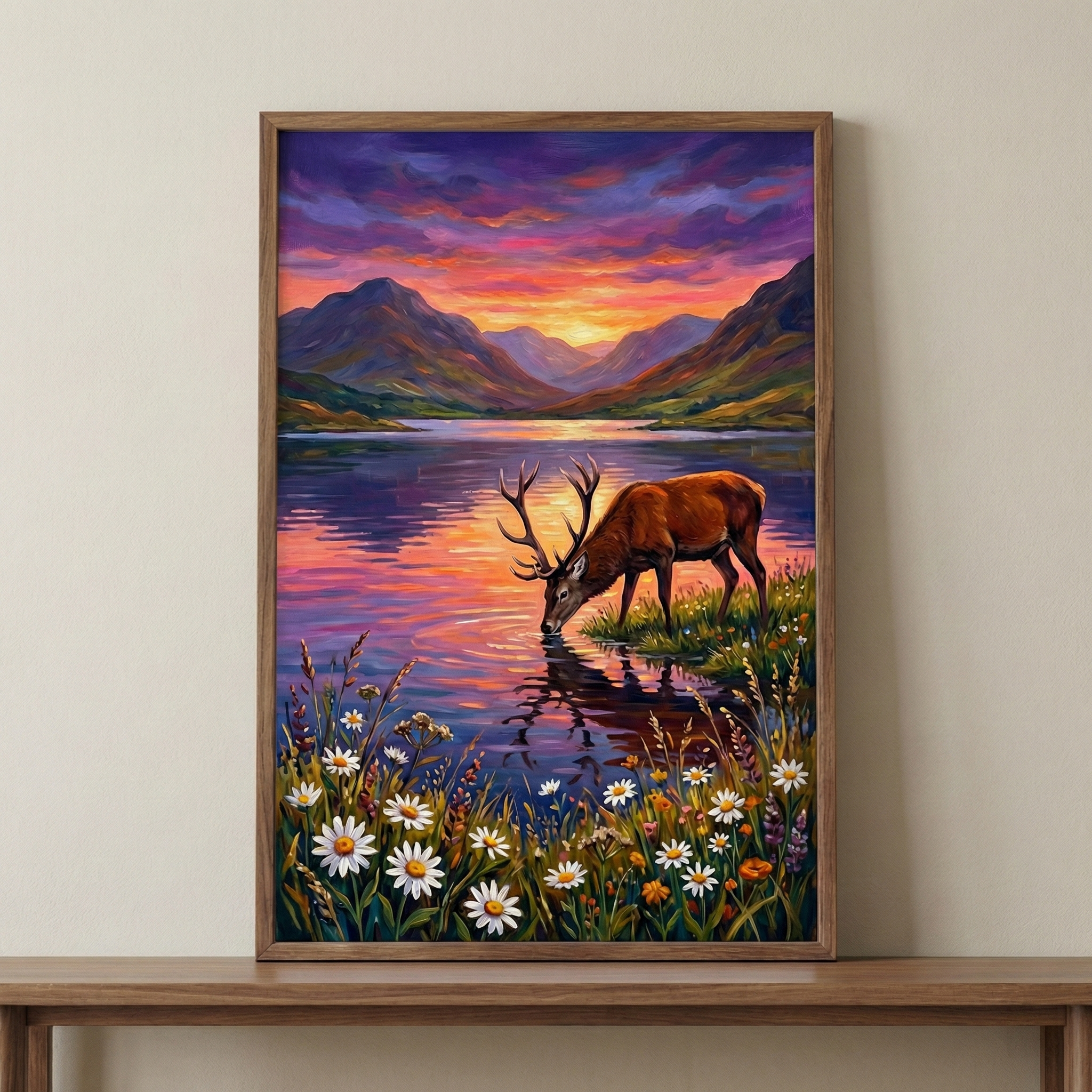An artistic image encased in a simple wooden frame shows a stag with large, branching antlers drinking from a lake. The scene is set during a vibrant sunset, with the sky filled with dramatic shades of purple, pink, and orange that reflect off the water's surface. In the distance, dark mountain peaks frame the horizon where the sun is setting. The foreground is lush with white daisies and various wildflowers growing along the water's edge. 