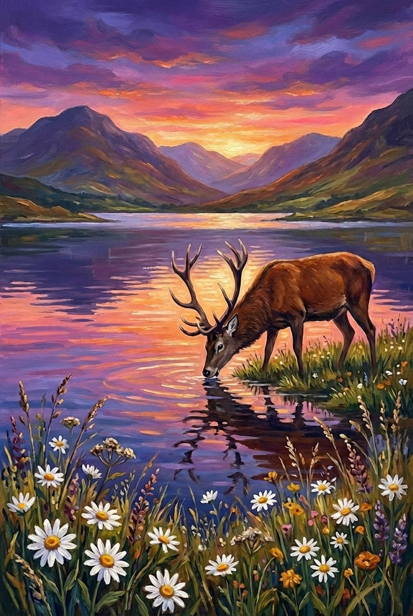 Oil painting of a stag lowering its head to drink from a calm lake reflecting pink and purple sunset tones. Wildflowers frame the foreground while mountains rise in the distance. The mirrored reflection adds a peaceful and contemplative mood.
