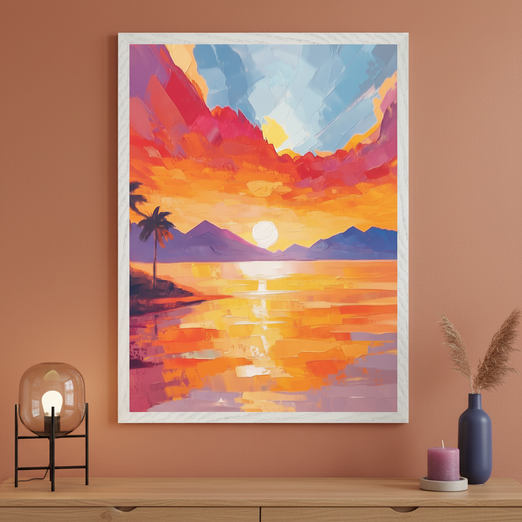 Modern room with a wooden dresser. A large framed painting of a sunset over water with mountains and palm trees, done in a bright, impasto style, hangs above the dresser. A lamp and vase are on the dresser.