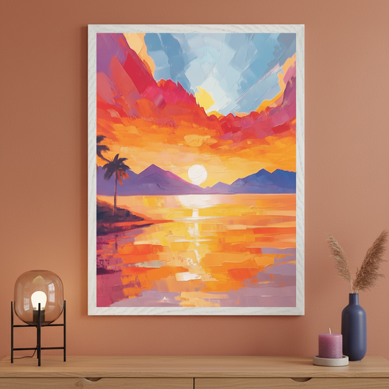 Modern room with a wooden dresser. A large framed painting of a sunset over water with mountains and palm trees, done in a bright, impasto style, hangs above the dresser. A lamp and vase are on the dresser.