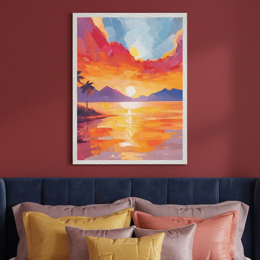 Bedroom with a red wall. A large framed abstract sunset painting with visible brushstrokes, showing palm trees, mountains, and water, hangs centered above a bed with a blue headboard and varied pillows.