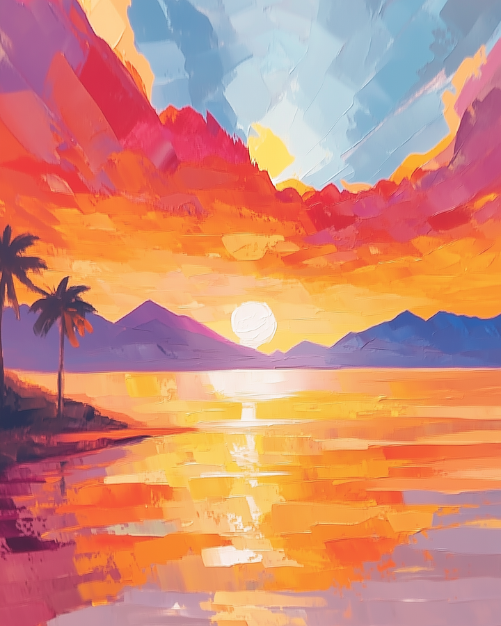 A vivid painting of a tropical sunset with bold strokes of orange, red, and purple reflecting off the water. Palm trees and distant mountains frame the glowing sun, creating a dramatic and warm coastal scene.
