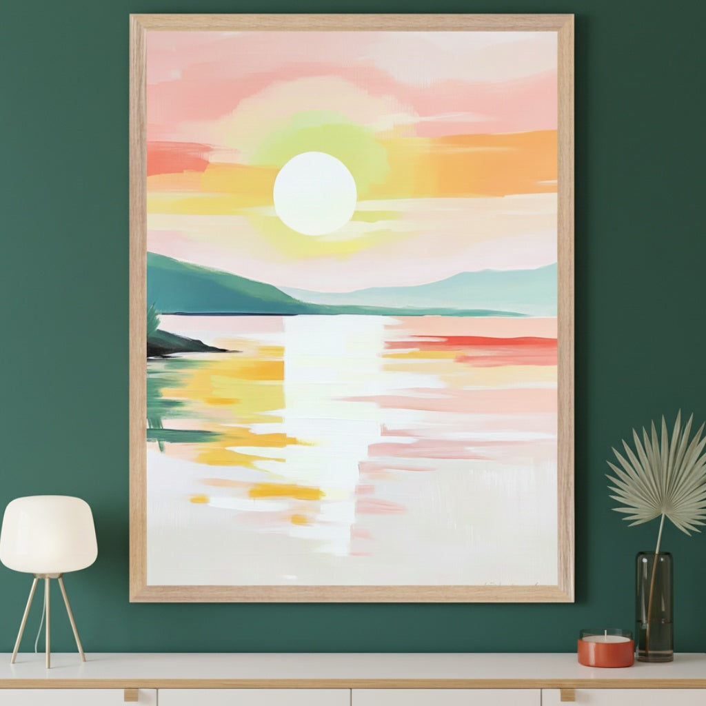Modern room with a dark green wall and a white credenza. A large, light wood framed painting of an impressionistic sunset over water and mountains hangs above the credenza. It features vibrant pink, orange, yellow, and green colors.