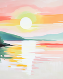 A soft, pastel-toned painting of the sun setting over calm waters with green hills in the background. Gentle brush strokes and warm pinks and yellows give the image a serene and peaceful vibe.
