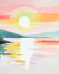 A soft, pastel-toned painting of the sun setting over calm waters with green hills in the background. Gentle brush strokes and warm pinks and yellows give the image a serene and peaceful vibe.
