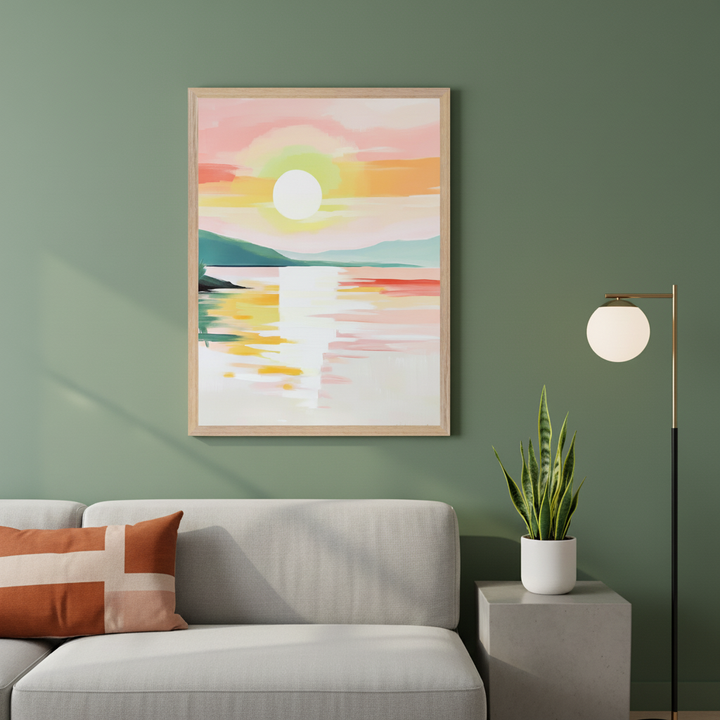 Modern living room with a light gray sofa, concrete side table, and floor lamp. A framed abstract painting of a colorful sunset over a lake with mountains in pastel hues hangs on the green wall above the sofa.