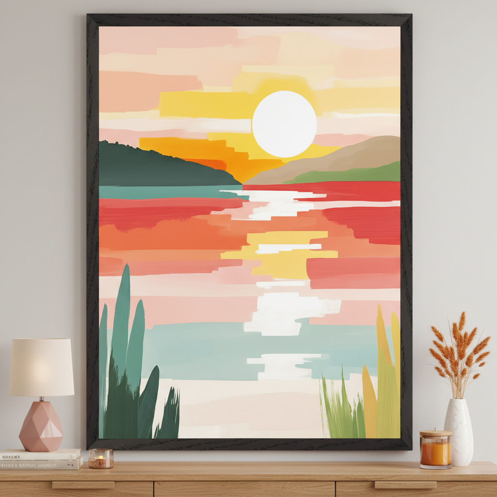 Modern room with a light wood dresser. A large framed abstract landscape painting hangs above it, depicting a sunset over water with mountains, a white sun, and colorful horizontal brushstrokes reflecting in the water.