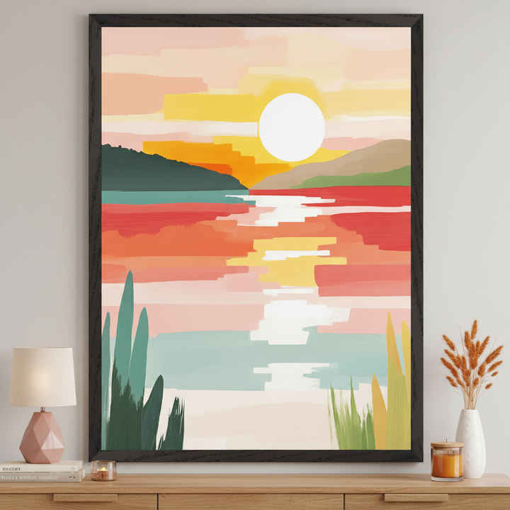 Modern room with a light wood dresser. A large framed abstract landscape painting hangs above it, depicting a sunset over water with mountains, a white sun, and colorful horizontal brushstrokes reflecting in the water.